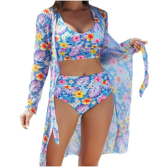Lopeceal Women's Tropical Swimsuit Floral Printed Bathing Suit Sexy Bikini Sets with Long Beach Cover Ups 3 Piece Hawaiian Outfits