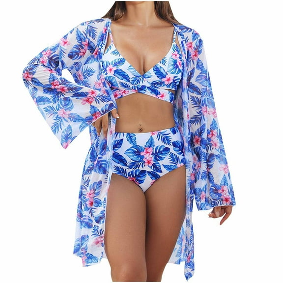 Lopeceal Women's Tropical Swimsuit Floral Printed Bathing Suit Sexy Bikini Sets with Long Beach Cover Ups 3 Piece Hawaiian Outfits