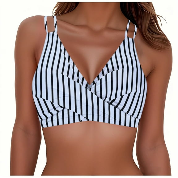 Lopeceal Women's Twist Front V Neck Bikini Top Padded Self Tie Up Straps Bathing Suit Tops Striped Backless Swimwear Tops