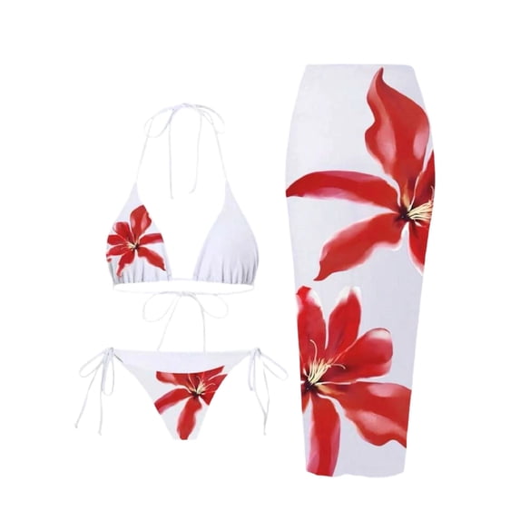 Lopeceal Womens 3 Piece Floral Bikini Set Long Sheer Cover Up Skirt with Tie Side Bottom Summer vacation Swimwear