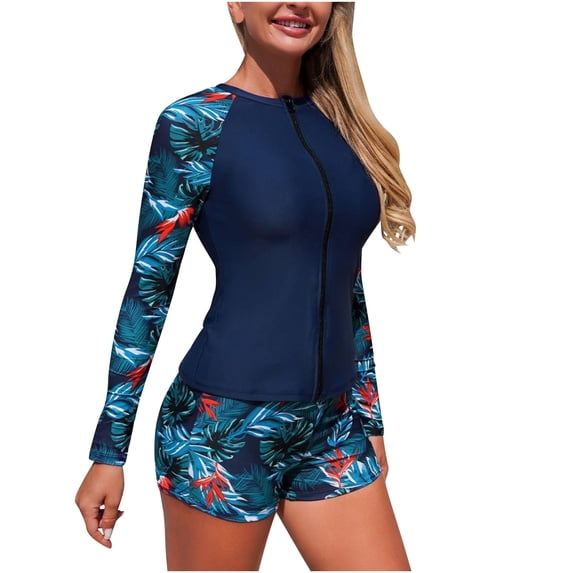 Lopeceal Womens 3 Piece Rash Guard Swimsuits Zipper Long Sleeve with Boy Short Athletic Surfing Swimwear