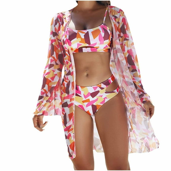 Lopeceal Womens 3 Pieces Bikini Set Swimsuit Tropical Beach Cover up Kimono Swimwear Bathing Suit with Boy Shorts