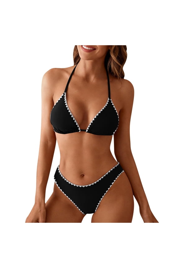 Womens Bikini Set 2 Piece Sexy Wavy Edge Color Block Back Tie Halter Swimsuit with Bottom Cheeky Beach Vacation