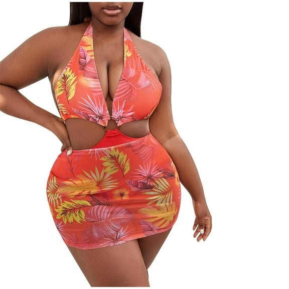 Lopeceal Womens Floral Printed Swimsuits Two Piece Bathing Suit Hollow Out Monokini Swimwear V-Neck Halter Sexy Beachwear