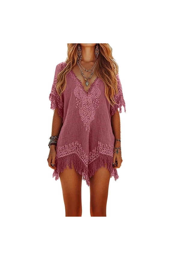 Womens Linen Dresses Retro Boho Tassel Trim Printed V Neck Mid Sleeve Mini Dress Country Concert Vacation Sundress