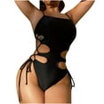thumbnail image 1 of Lopeceal Womens One Piece Cutout Swimsuits Sexy Tummy Control Bathing Suits High Cut Cheeky Monokini Black Lace Up Swimwear, 1 of 8