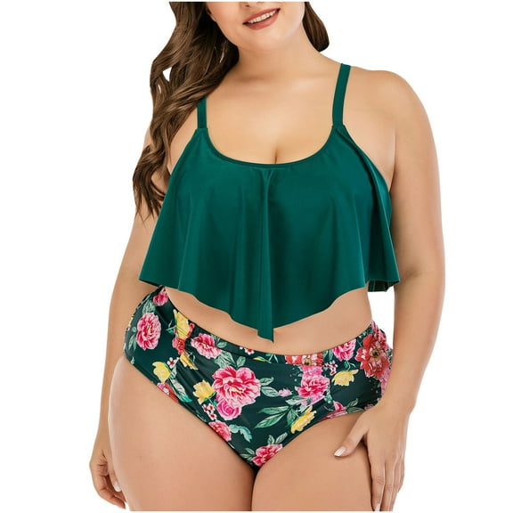 Lopeceal Womens Plus Size Floral Printed Swimsuit Two Piece Ruffle Hem Bikini Set Coverage Trendy Holiday Beachwear