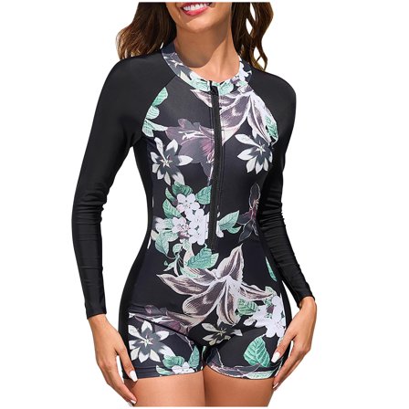 Lopeceal Womens Rash Guard Long Sleeve One Piece Swimsuits Zipper Front with Boy Shorts Swim Shirt Uv Protection UPF 50