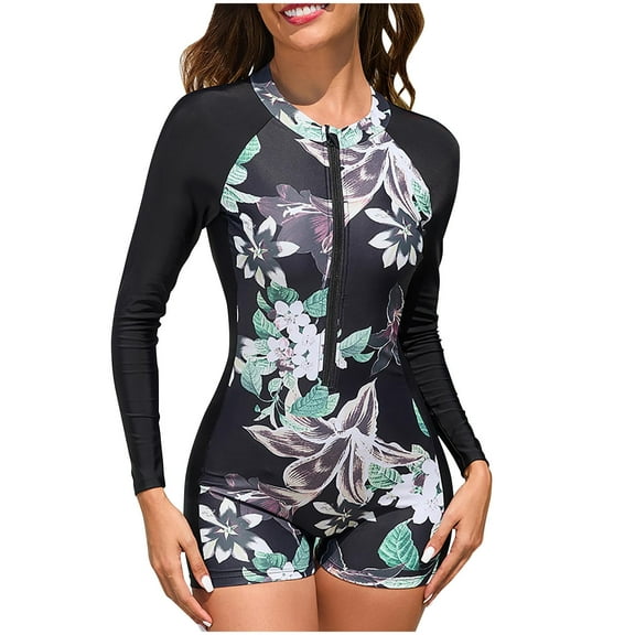 Lopeceal Womens Rash Guard Long Sleeve One Piece Swimsuits Zipper Front with Boy Shorts Swim Shirt Uv Protection UPF 50