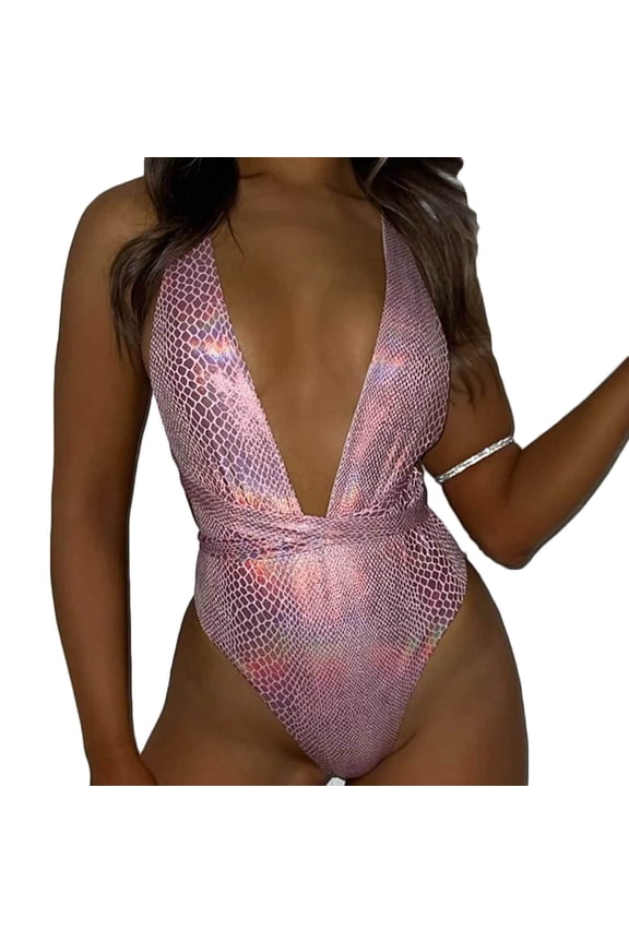 Womens Rave Wear One Piece Bodysuit Snakeskin Print Sexy Leg Rings Swimsuit for Festival Dance Rave Clothing