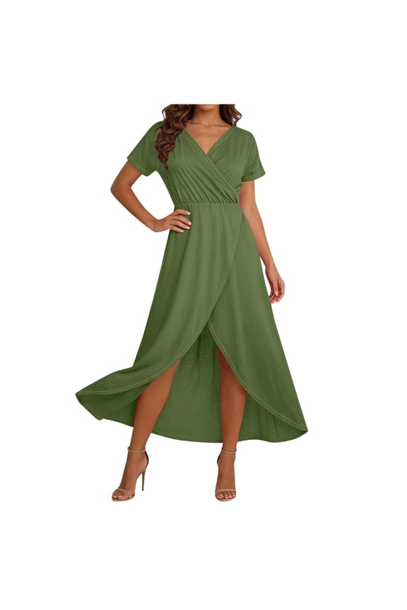 Womens Summer Dresses Elegant High Low Split V Neck Solid Short Sleeve Dress Flowy Swing Wedding Guest Dresses