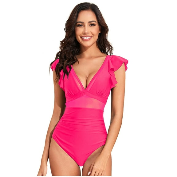 Lopeceal Womens Tummy Control Swimsuit V Neck One Piece Bathing Suits Slimming Lace-up Ruffle Swimwear