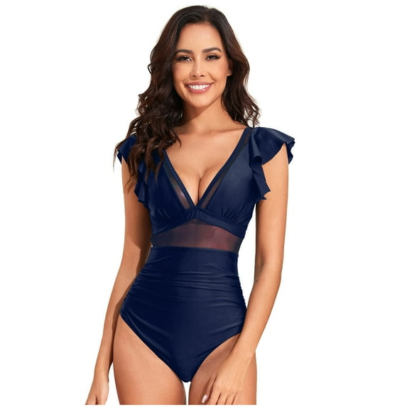 Lopeceal Womens Tummy Control Swimsuit V Neck One Piece Bathing Suits Slimming Lace-up Ruffle Swimwear