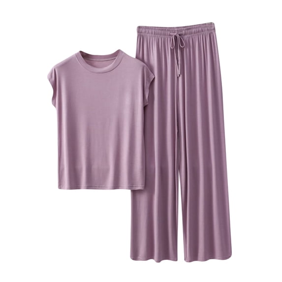 Lopecy-Sta 2 Piece Lounge Sets for Women Spring Vacation 2026 Summer Homewear Loose Solid Color V Neck Short Sleeve Top with Pants Pajamas Set
