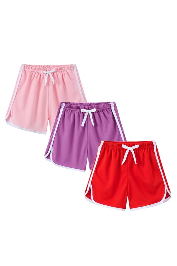 3 Pack: Girls Athletic Drawstring Shorts with Pockets,Running Shorts for Kids Soccer Basketball Beach Shorts