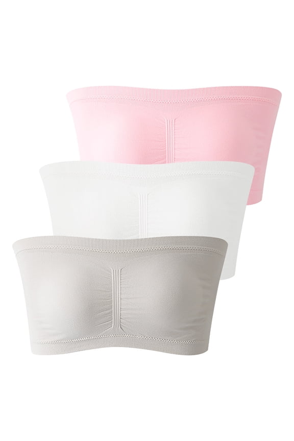 3 Pack Solid Color Strapless Bandeau Bra for Women Seamless Wireless Non-Padded Tube Top Anti-Slip Band Basic Underwear Ideal for Daily Wear