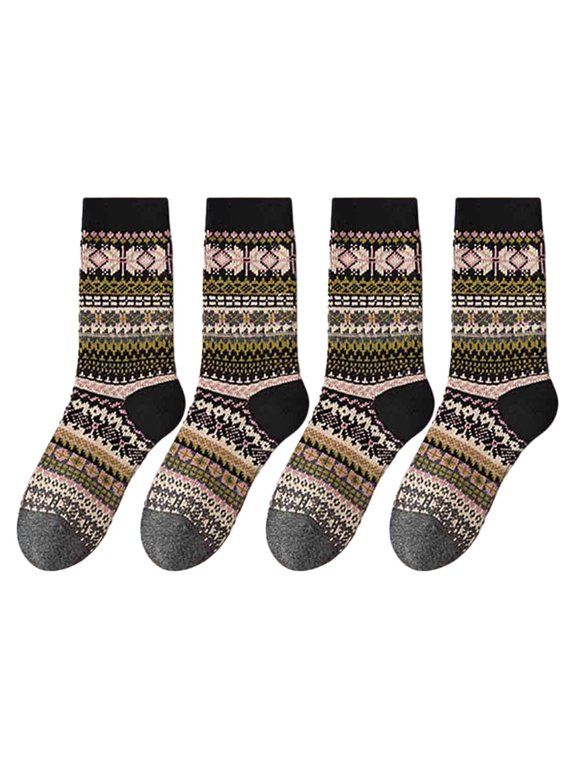 4 Pairs Women's Crew Socks Boho Ethnic Geometric Pattern Mid-Calf Socks Soft and Warm Cotton Blend Socks for Fall and Winter Casual Colorful Socks