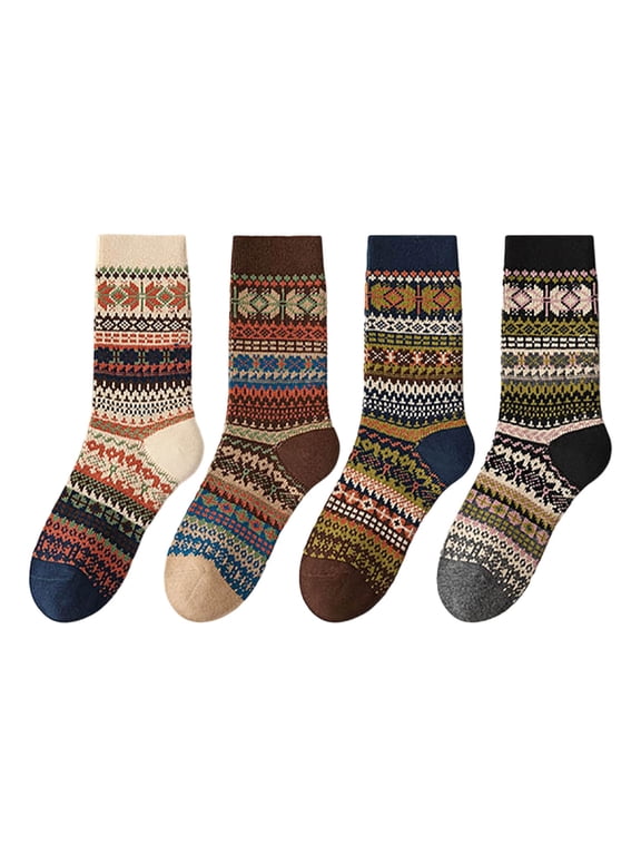 4 Pairs Women's Crew Socks Boho Ethnic Geometric Pattern Mid-Calf Socks Soft and Warm Cotton Blend Socks for Fall and Winter Casual Colorful Socks
