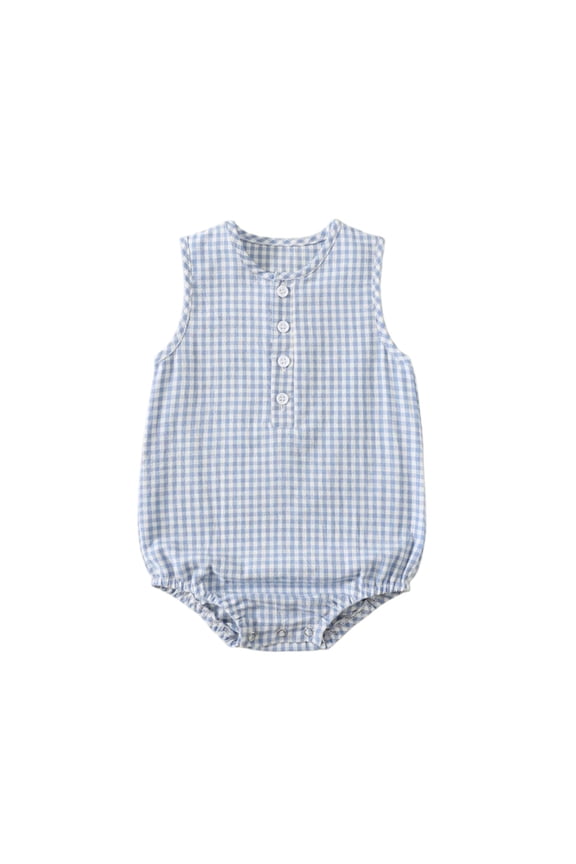 Baby Rompers Fashion Outfit Cute Crew Neck Sleeveless Summer Smocked Bubble Romper Plaid Bodysuit with Button