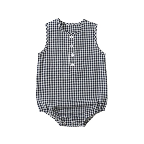 Lopecy-Sta Baby Rompers Fashion Outfit Cute Crew Neck Sleeveless Summer Smocked Bubble Romper Plaid Bodysuit with Button