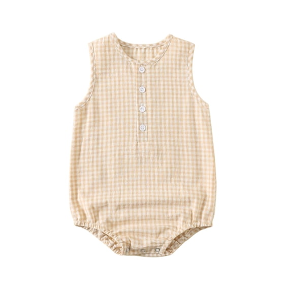 Lopecy-Sta Baby Rompers Fashion Outfit Cute Crew Neck Sleeveless Summer Smocked Bubble Romper Plaid Bodysuit with Button
