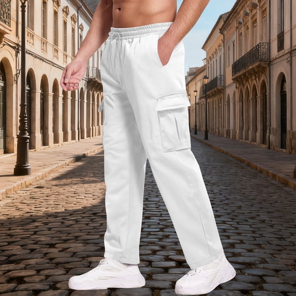 Lopecy-Sta Baggy Cargo Pants Men Casual Solid Color Drawstring Waist Fleece Lined Cargo Sweatpants Outdoor Straight Leg Pants Cargo Pants Trousers