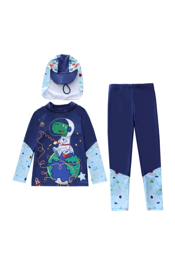 Bathing Suits for Boys Long Sleeved Top with Pants, Hat Set Rashguard Three Piece Set Sunscreen Surfing Beach Hot Spring Swimsuit