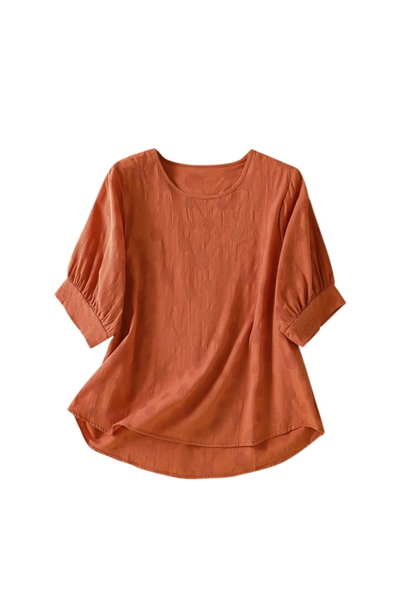 Blouse for Women Crew Neck Puff Cuffed Half Sleeve Casual Tunic Top Loose Fit Solid High‑Low Hem Summer Shirt Lightweight Breathable Soft Pullover Tee