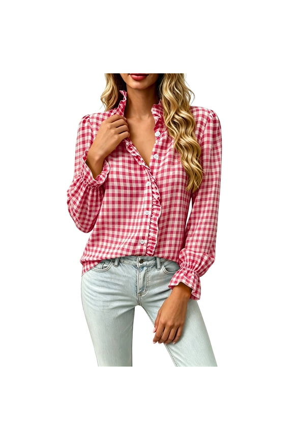 Blouse for Ladies Ruffle Trim Front Plaid Long Sleeve Elastic Flare Cuff Relaxed Fit Gingham Shirt Breathable Casual Check Top