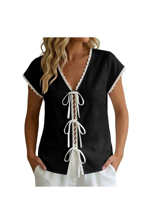 Blouse for Women V-Neck Lace Trim Short Sleeve Tie Front Top Casual Lightweight Crinkle Fabric Shirt with Bow Details