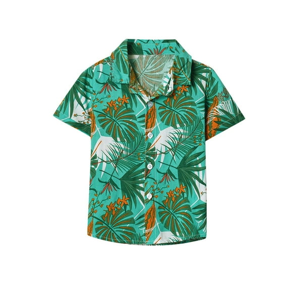 Lopecy-Sta Boys Classic Woven Button-Down Shirt, Summer Short-Sleeve Hawaiian Shirt Crew Neck Shirt for Kids 4 Years