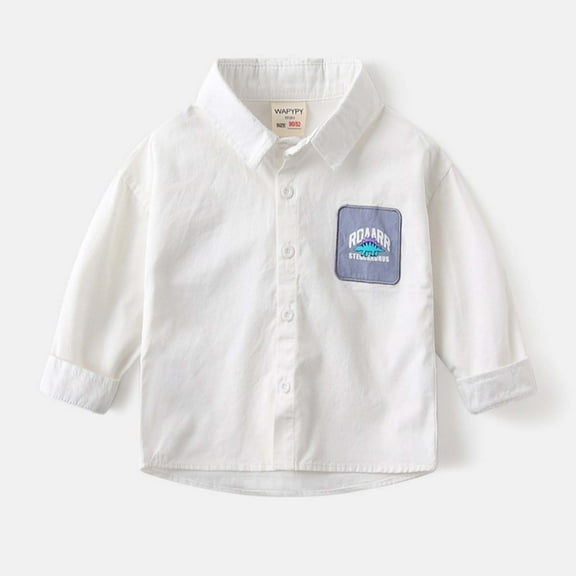 Lopecy-Sta Boys Dinosaur Graphic Shirt Long Sleeve Button Up Top - Stegosaurus Patch Design, Lightweight Breathable Cotton Casual Fit Shirt for Spring Fall Kids Clothing