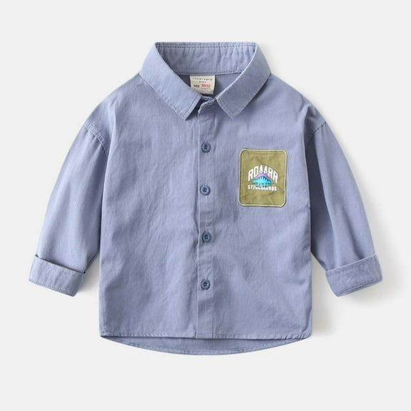 Lopecy-Sta Boys Dinosaur Graphic Shirt Long Sleeve Button Up Top - Stegosaurus Patch Design, Lightweight Breathable Cotton Casual Fit Shirt for Spring Fall Kids Clothing