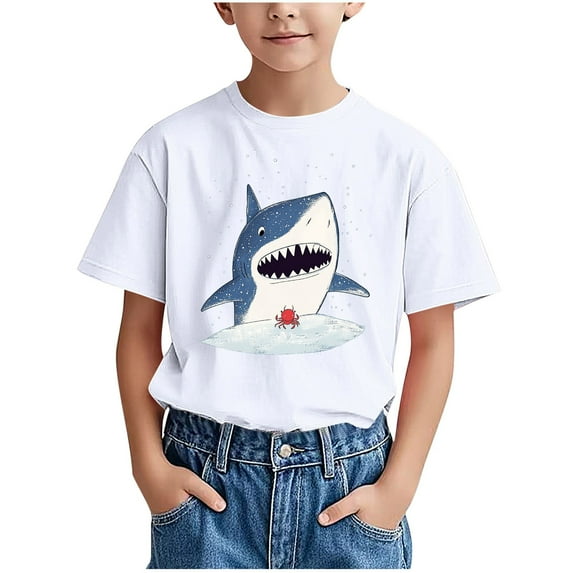 Lopecy-Sta Boys Short Sleeve Great White Shark PrintT-shirt Round Neck Tees Summer Daily Casual Shirt for Birthday Gift 5-6 Years