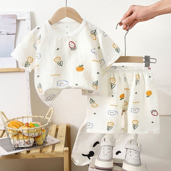 Lopecy-Sta Cartoon Pajama Sets Short Sleeve Cute Tiny Frog in Various Poses Soft Cotton Summer Sleepwear 2 Piece PJS Size 1-7T