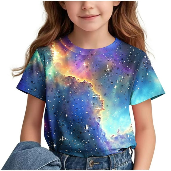 Lopecy-Sta Children Girls Short Sleeve PrintPattern T-shirt Round Neck Half Sleeve Casual Versatile Top 3-4 Years