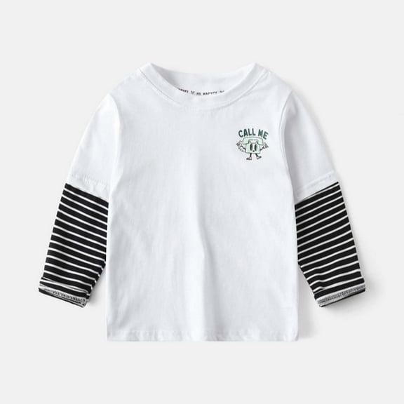 Lopecy-Sta Children's Graphic Long Sleeve Tee - Patchwork Striped Sleeves & Cartoon Print Top, Lightweight Breathable Boys Girls Fall Spring