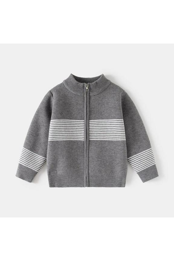 ​Children's Zip Knit Jacket with High Collar & Ribbed Cuffs - Horizontal Striped Winter Sweater
