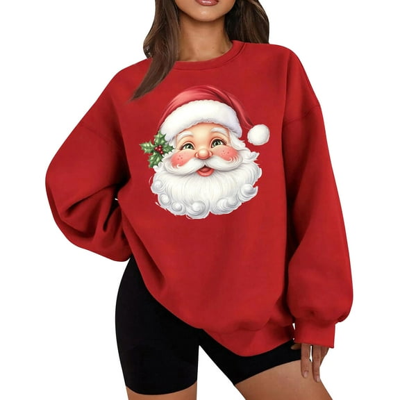 Lopecy-Sta Christmas Shirts for Women Christmas Gift for Women Santa Claus Graphic Crewneck Oversized Fleece Sweater Xmas Holiday Top