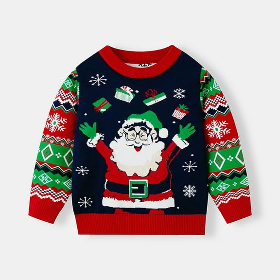 Lopecy-Sta Christmas Sweater for Kids Toddler Boys Girls, Festive Xmas Santa Print Knit Crewneck Pullover, Ugly Christmas Long Sleeve Sweater for Winter Holiday Party Red