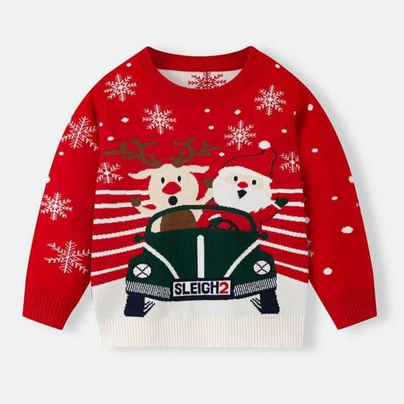 Lopecy-Sta Christmas Sweater for Toddler Girls (3-8Y), Kids Santa & Reindeer in Car Knit Crewneck Pullover, Winter Long Sleeve Xmas Knitted Top for Holiday Party Red