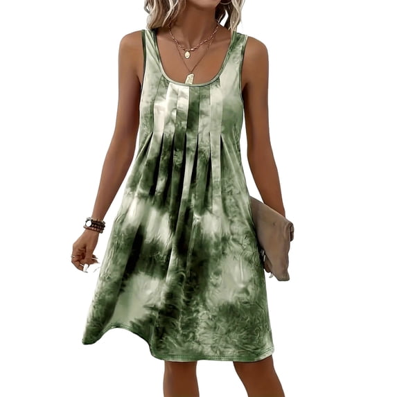 Lopecy-Sta Dresses for Women Multicolor Tie Dye Tank , Sleeveless Round Neck Pleated Front Loose Fit Mini Dress, Cute Boho Summer Sundress for Beach, Vacation, Weekend Outings and Daily Wear