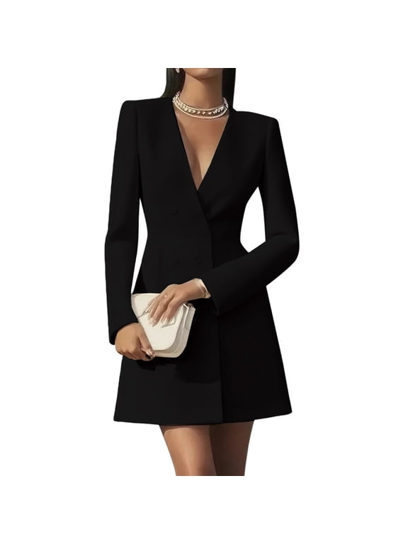 Dresses for Women Double Breasted Blazer Mini Dress Deep V Neck Long Sleeve Slim Fit Sheath Dress Elegant Party Cocktail Evening Outfit