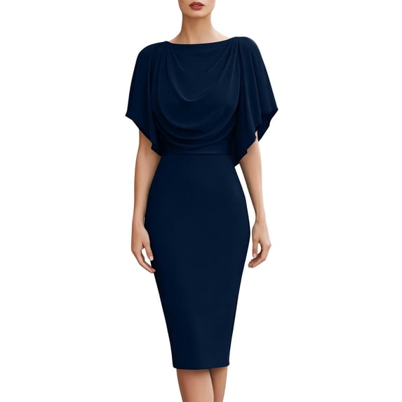 Lopecy-Sta Dresses for Women Short Sleeve Capelet Draped Neck Bodycon Midi Dress Formal Cocktail Party Dress