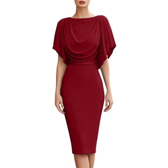 Lopecy-Sta Dresses for Women Short Sleeve Capelet Draped Neck Bodycon Midi Dress Formal Cocktail Party Dress
