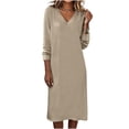 thumbnail image 1 of Lopecy-Sta Dresses for Women V-Neck Midi Shift Dress for Fall Loose Waist Casual Daily Wear, 1 of 7