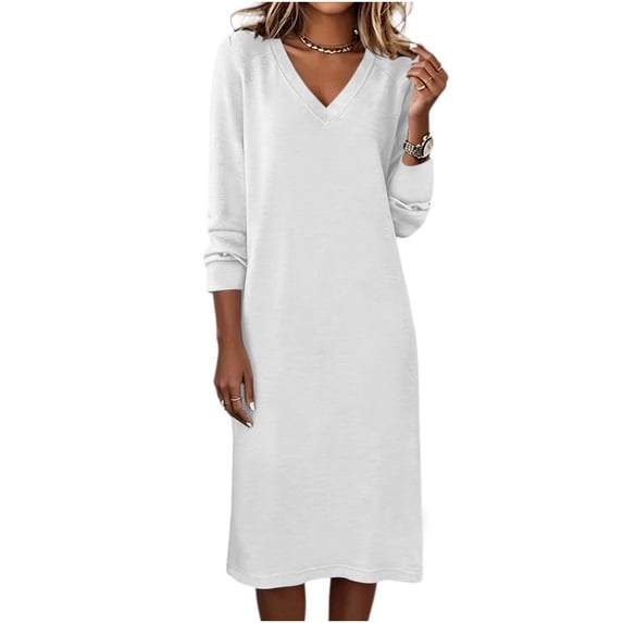 Lopecy-Sta Dresses for Women V-Neck Midi Shift Dress for Fall Loose Waist Casual Daily Wear
