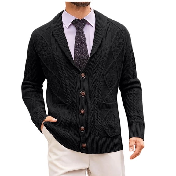 Lopecy-Sta Fall Sweaters for Men Casual Wool Blend Long Sleeve Shawl Collar Buttons Down Cable Knit Cardigan Sweater