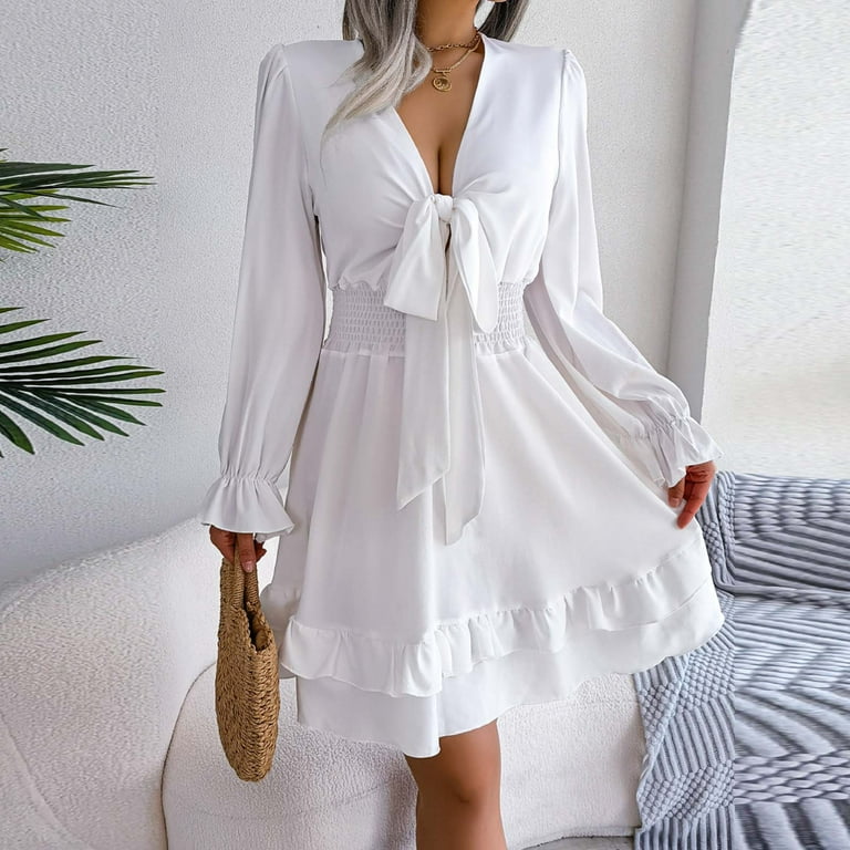 Lopecy-Sta Fashion Women Casual Sexy V-Neck Solid Dresses Summer Long  Sleeve Pullover Bandage Dress Savings Clearance Long Sleeve Dress for Women  Sundresses for Women White 