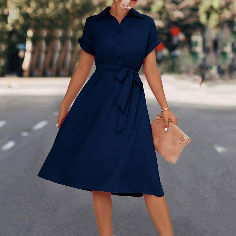 Lopecy-Sta Floral Print Dresses for Women Short Sleeve Summer Dresses Swing  Dress Navy - XL 
